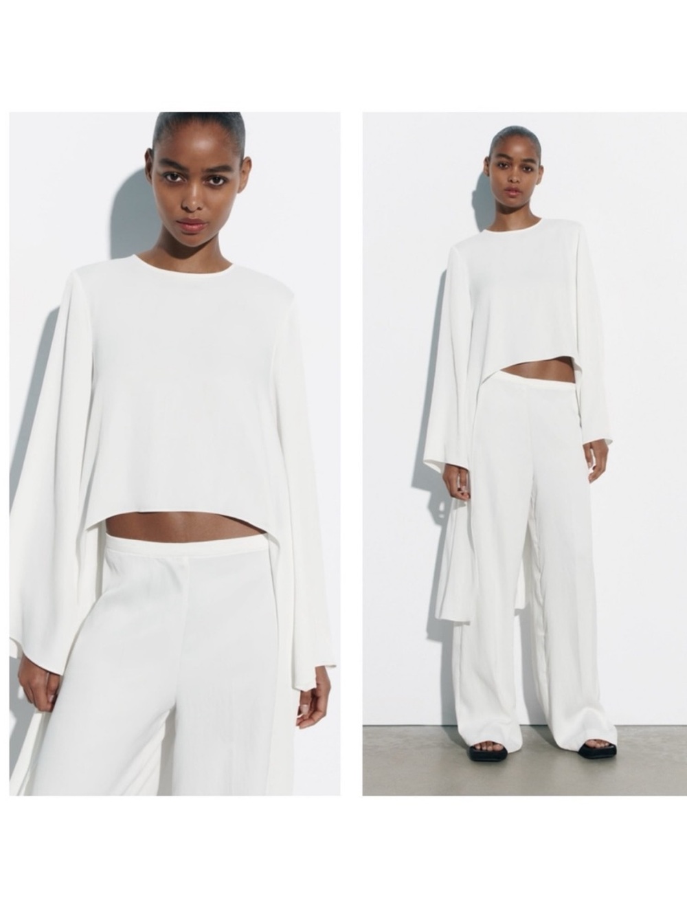 Zara White Asymmetrical Cropped Long-Sleeve Cape Top NWT